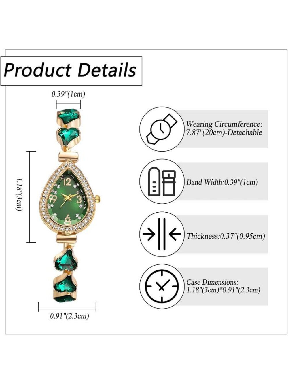 Women's Green Crystal Teardrop Rhinestone Dial Ultra-Thin Metal Wrist Watch - Picture 6 of 6